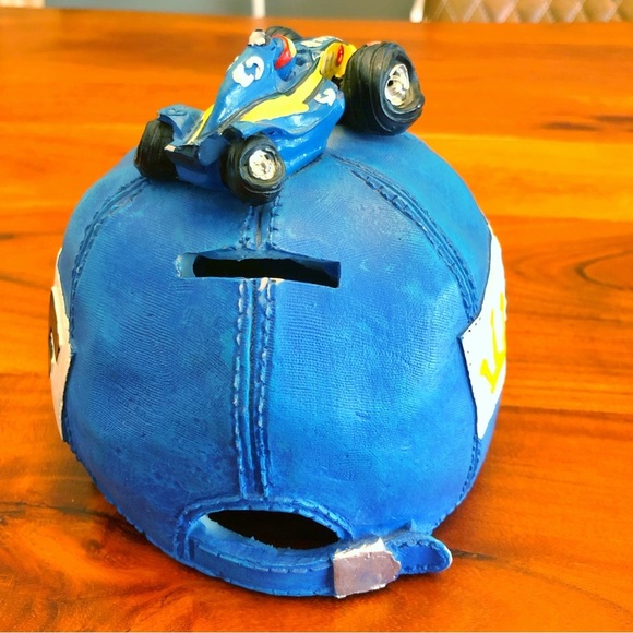 Vintage Rear F1 Car On Top Blue Cap with Black & White Checkered Coin Piggy Tank - Picture 4 of 12